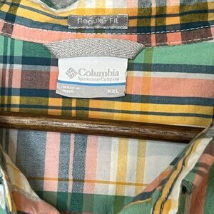 Columbia Shirt Mens XXL Green Orange Plaid Button Up Short Sleeve Outdoors Shirt